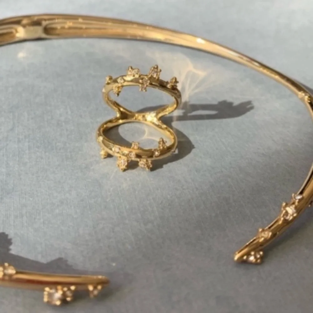 ALEXIS BITTAR NEW Gold Satellite Double Banded Crystal Ring Size 7